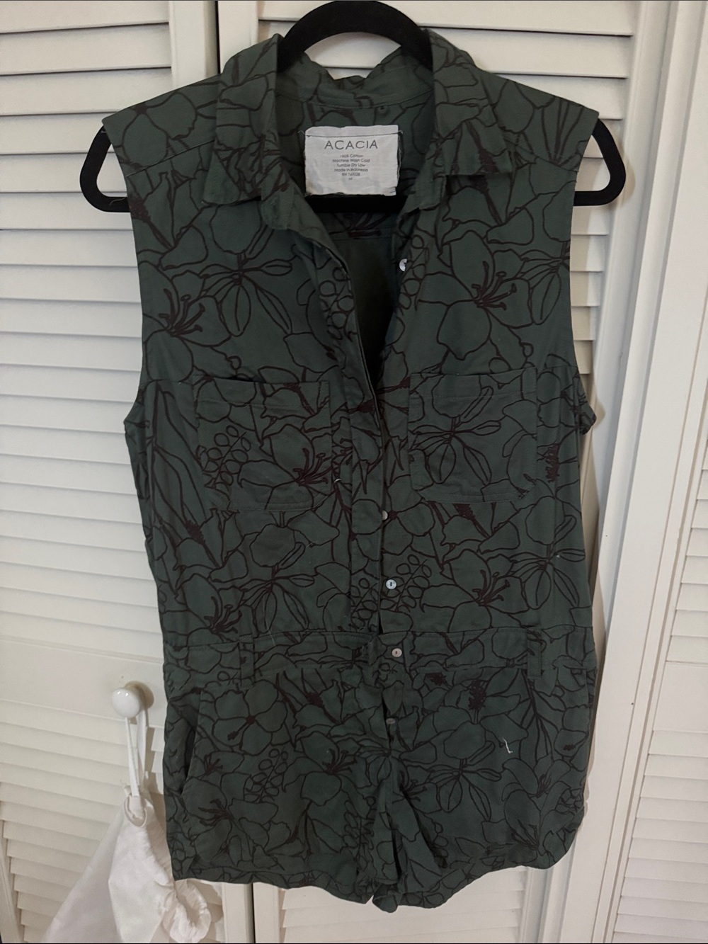 acacia swimwear Olive Green Floral Sleeveless Button Romper